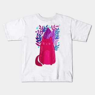 Cat and foliage - pink, purple and blue Kids T-Shirt